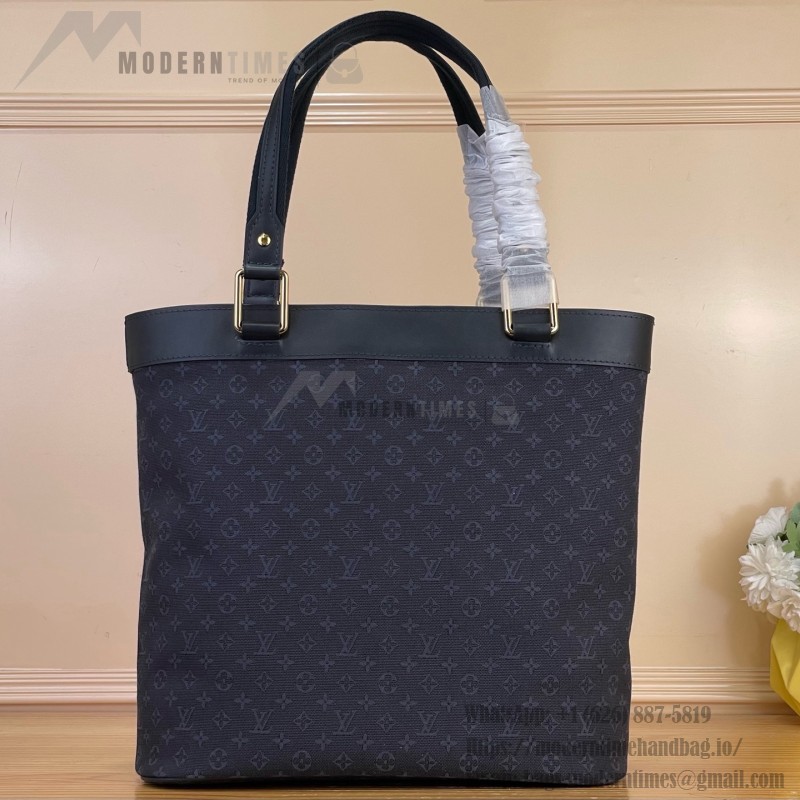 Louis Vuitton-style Lucille Large vintage denim tote bag with cowhide leather trim in pink navy blue light brown gray and green