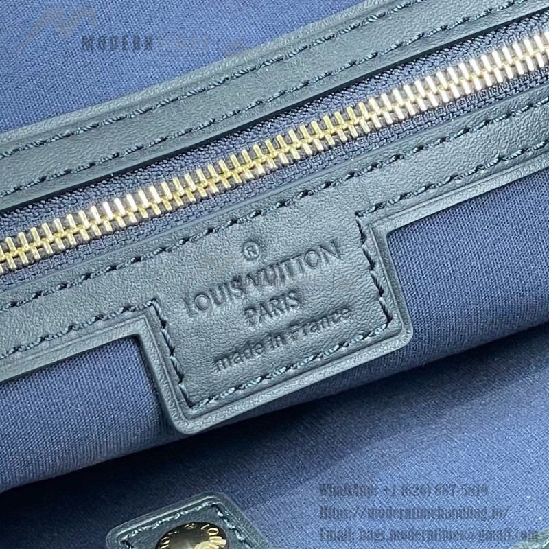 Louis Vuitton-style Lucille Large vintage denim tote bag with cowhide leather trim in pink navy blue light brown gray and green