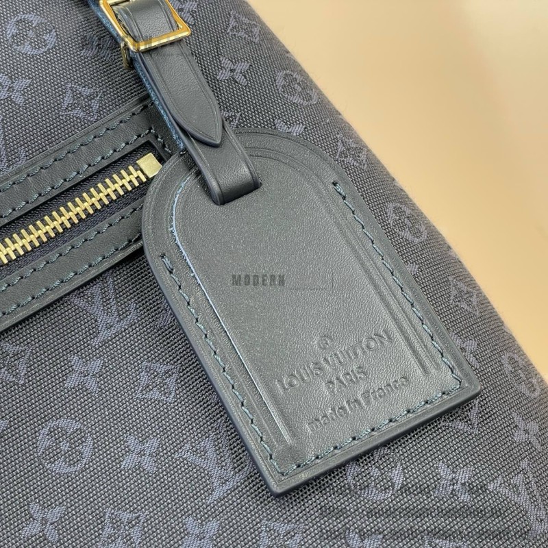 Louis Vuitton-style Lucille Large vintage denim tote bag with cowhide leather trim in pink navy blue light brown gray and green
