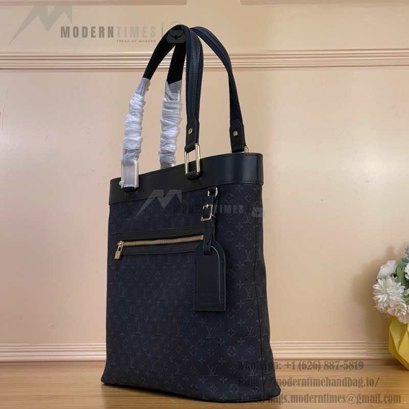 Louis Vuitton-style Lucille Large vintage denim tote bag with cowhide leather trim in pink navy blue light brown gray and green