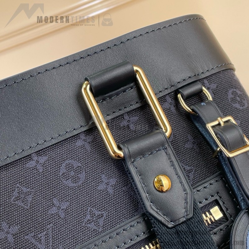 Louis Vuitton-style Lucille Large vintage denim tote bag with cowhide leather trim in pink navy blue light brown gray and green