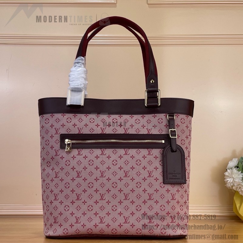 Louis Vuitton-style Lucille Large vintage denim tote bag with cowhide leather trim in pink navy blue light brown gray and green
