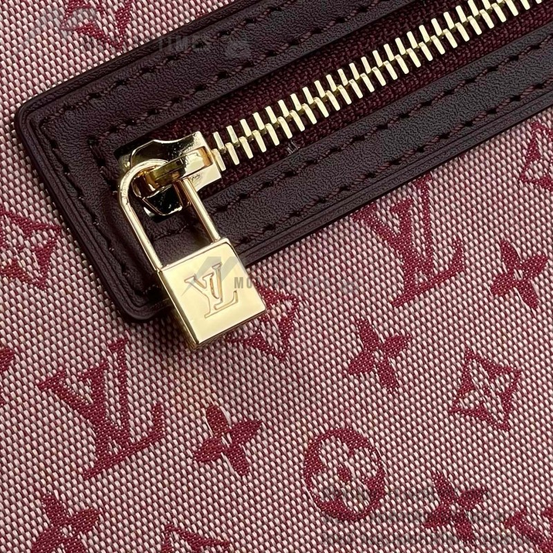 Louis Vuitton-style Lucille Large vintage denim tote bag with cowhide leather trim in pink navy blue light brown gray and green