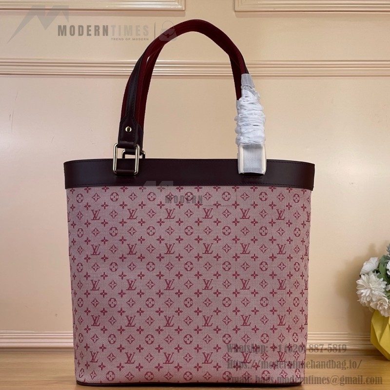 Louis Vuitton-style Lucille Large vintage denim tote bag with cowhide leather trim in pink navy blue light brown gray and green