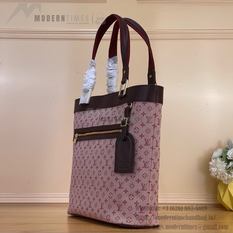 Louis Vuitton-style Lucille Large vintage denim tote bag with cowhide leather trim in pink navy blue light brown gray and green