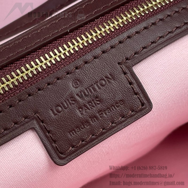 Louis Vuitton-style Lucille Large vintage denim tote bag with cowhide leather trim in pink navy blue light brown gray and green