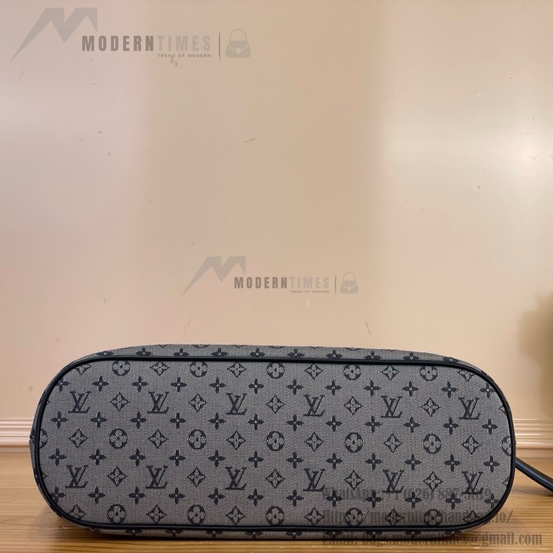 Louis Vuitton-style Lucille Large vintage denim tote bag with cowhide leather trim in pink navy blue light brown gray and green