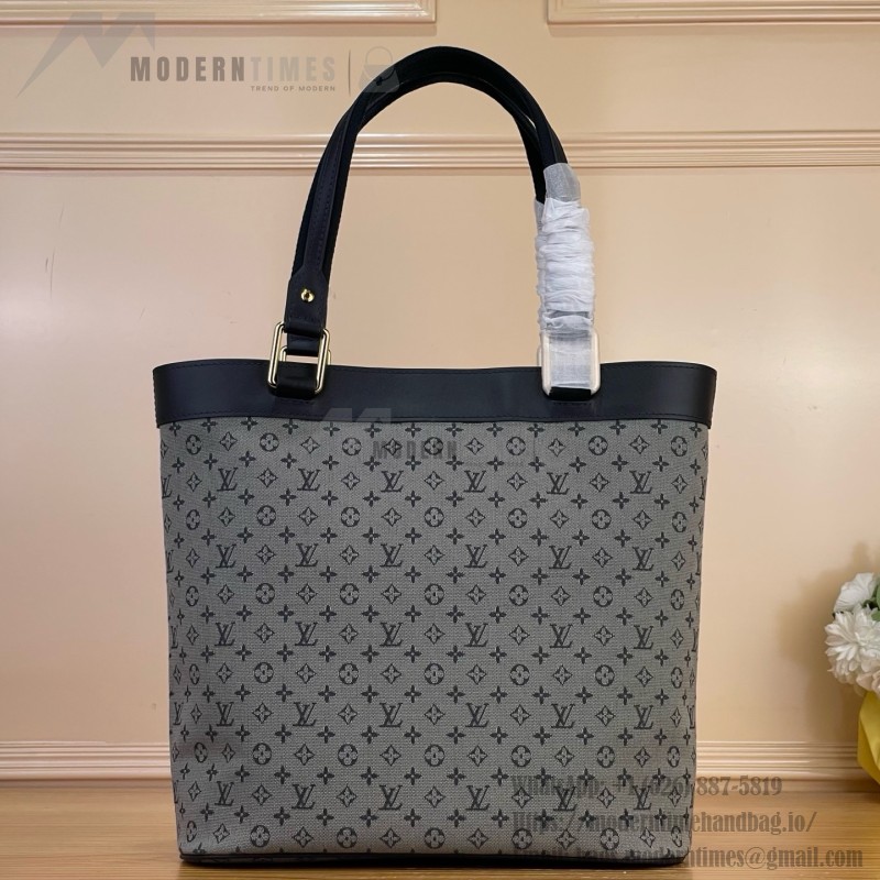 Louis Vuitton-style Lucille Large vintage denim tote bag with cowhide leather trim in pink navy blue light brown gray and green