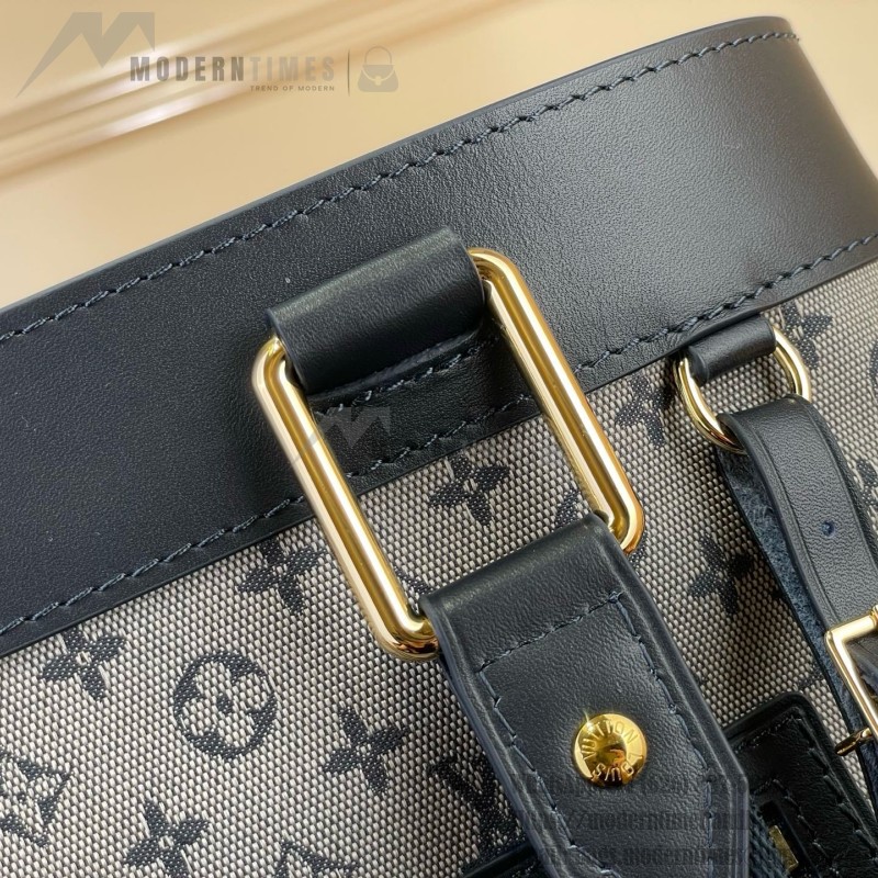 Louis Vuitton-style Lucille Large vintage denim tote bag with cowhide leather trim in pink navy blue light brown gray and green