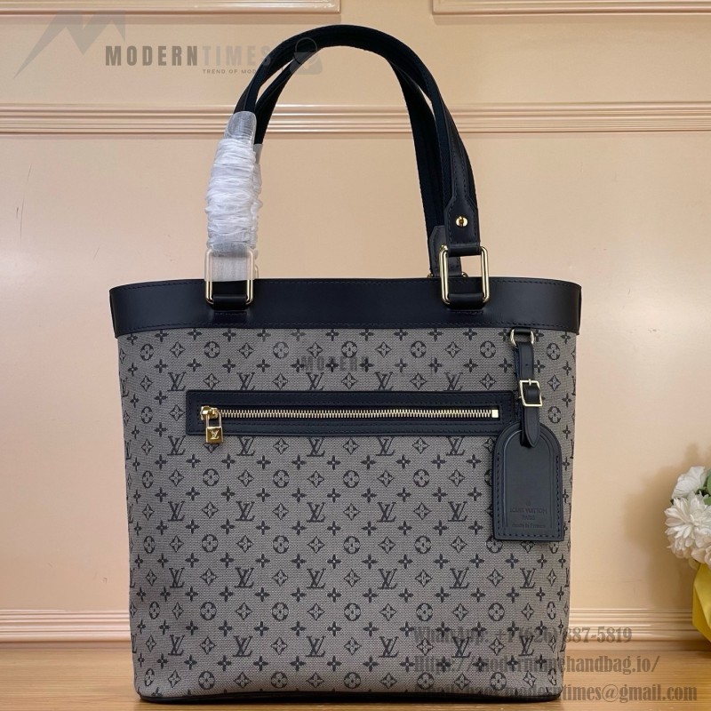 Louis Vuitton-style Lucille Large vintage denim tote bag with cowhide leather trim in pink navy blue light brown gray and green
