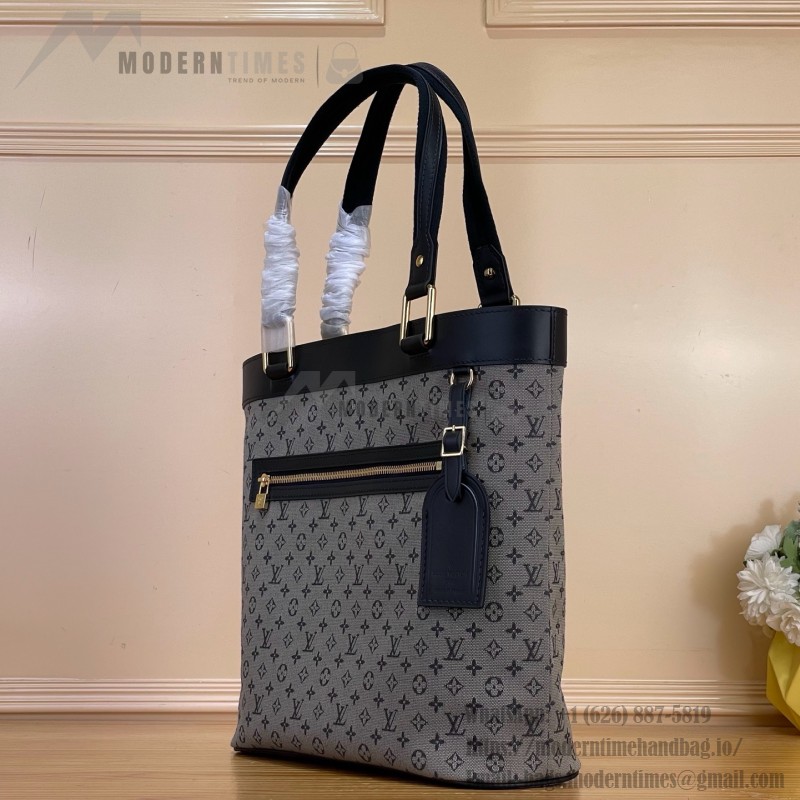 Louis Vuitton-style Lucille Large vintage denim tote bag with cowhide leather trim in pink navy blue light brown gray and green