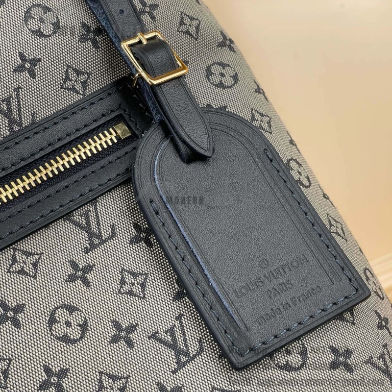 Louis Vuitton-style Lucille Large vintage denim tote bag with cowhide leather trim in pink navy blue light brown gray and green