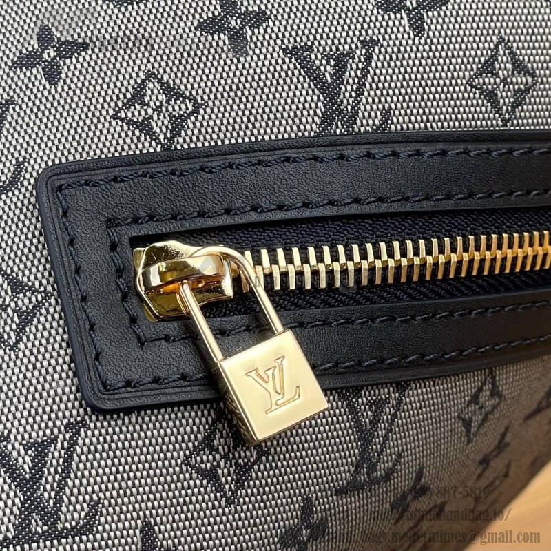 Louis Vuitton-style Lucille Large vintage denim tote bag with cowhide leather trim in pink navy blue light brown gray and green