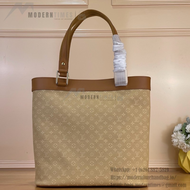 Louis Vuitton-style Lucille Large vintage denim tote bag with cowhide leather trim in pink navy blue light brown gray and green