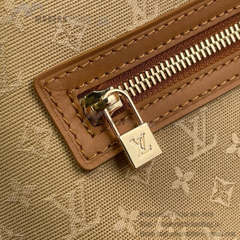 Louis Vuitton-style Lucille Large vintage denim tote bag with cowhide leather trim in pink navy blue light brown gray and green