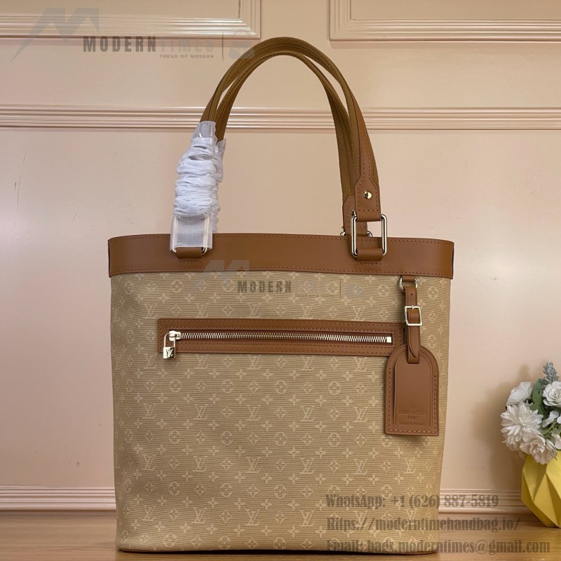 Louis Vuitton-style Lucille Large vintage denim tote bag with cowhide leather trim in pink navy blue light brown gray and green