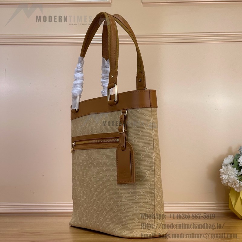 Louis Vuitton-style Lucille Large vintage denim tote bag with cowhide leather trim in pink navy blue light brown gray and green