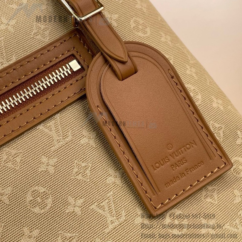 Louis Vuitton-style Lucille Large vintage denim tote bag with cowhide leather trim in pink navy blue light brown gray and green
