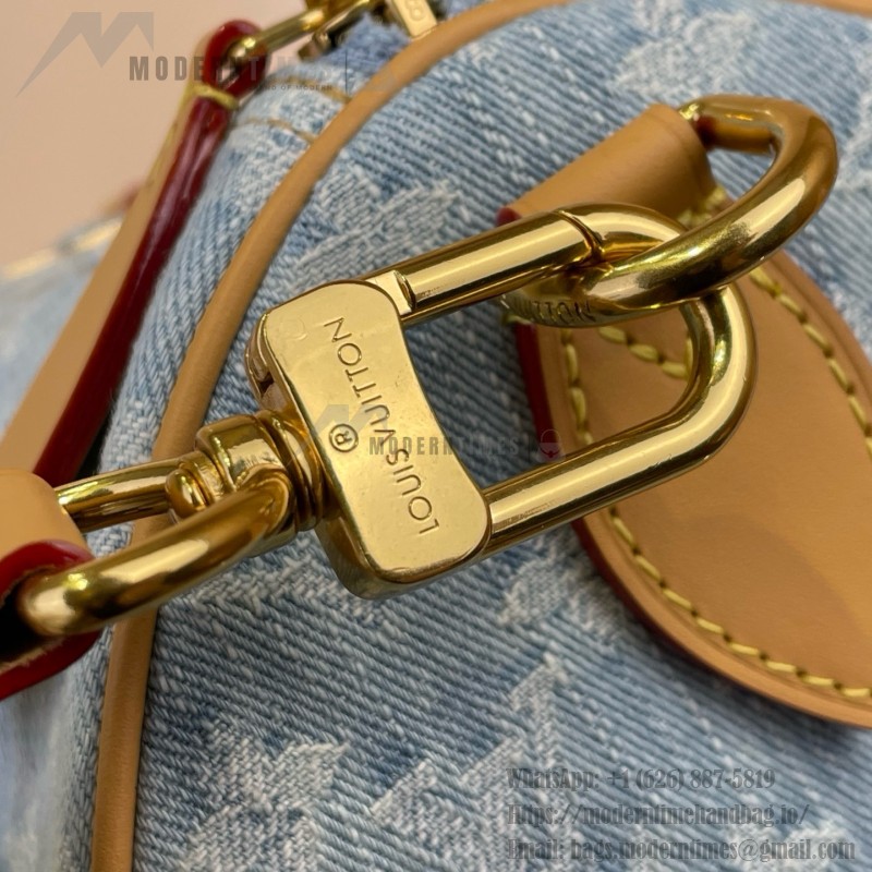 Louis Vuitton-style Speedy Bandoulière 30 M2A209 blue Monogram denim bag with leather trim heart tag and V-stitch pocket