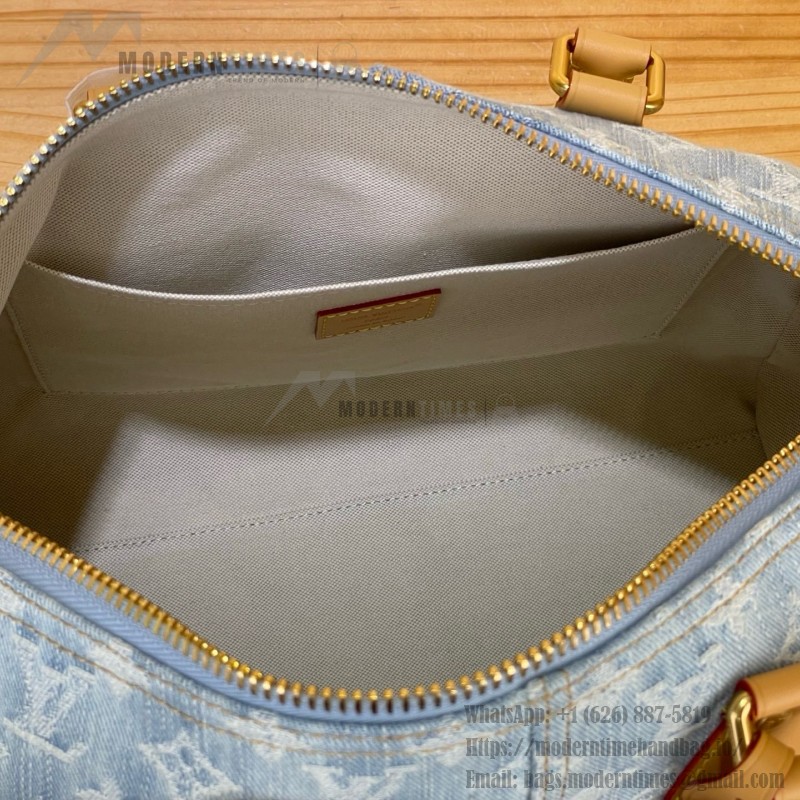 Louis Vuitton-style Speedy Bandoulière 30 M2A209 blue Monogram denim bag with leather trim heart tag and V-stitch pocket