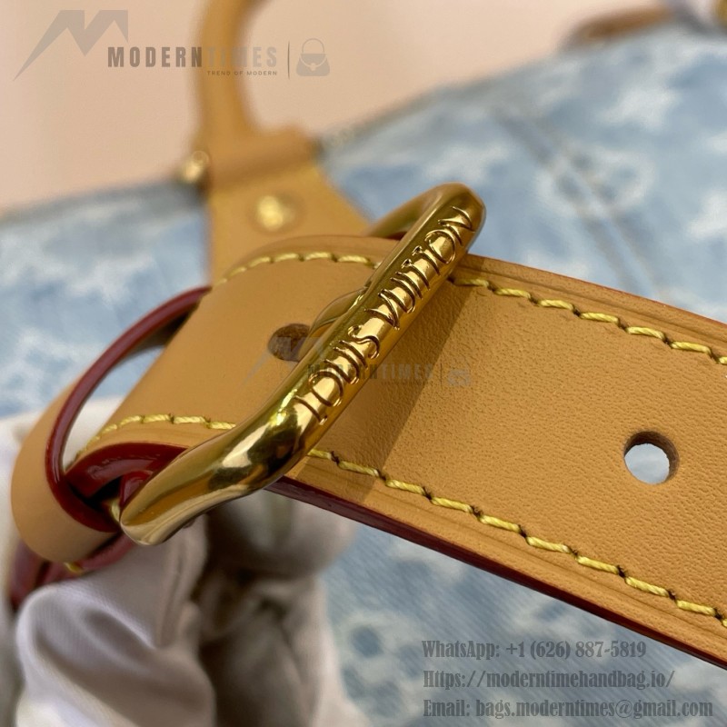 Louis Vuitton-style Speedy Bandoulière 30 M2A209 blue Monogram denim bag with leather trim heart tag and V-stitch pocket