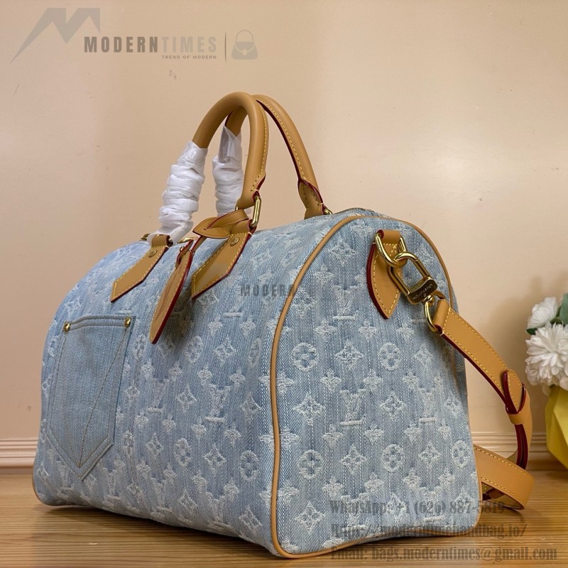 Louis Vuitton-style Speedy Bandoulière 30 M2A209 blue Monogram denim bag with leather trim heart tag and V-stitch pocket