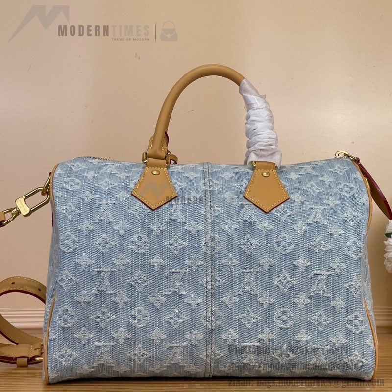 Louis Vuitton-style Speedy Bandoulière 30 M2A209 blue Monogram denim bag with leather trim heart tag and V-stitch pocket