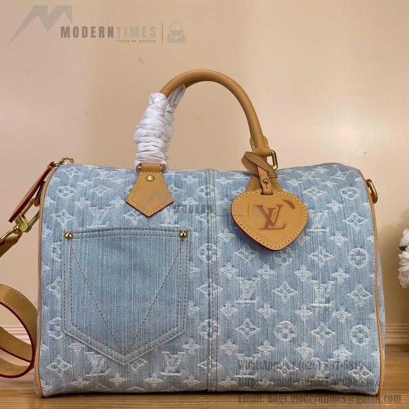 Louis Vuitton-style Speedy Bandoulière 30 M2A209 blue Monogram denim bag with leather trim heart tag and V-stitch pocket