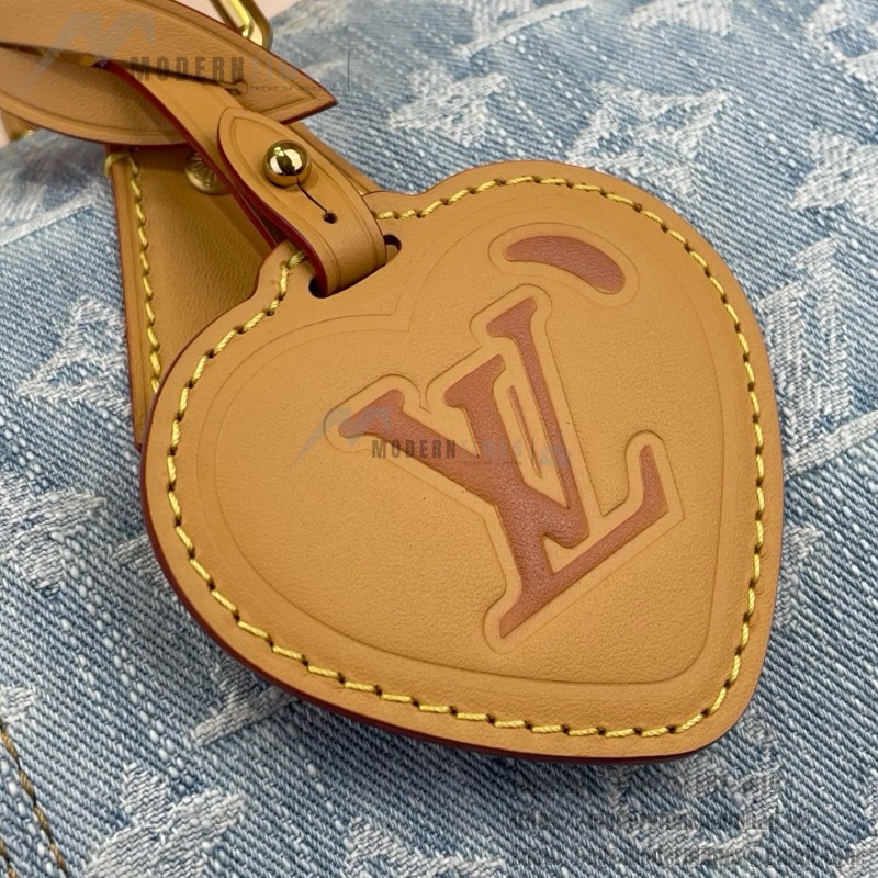 Louis Vuitton-style Speedy Bandoulière 30 M2A209 blue Monogram denim bag with leather trim heart tag and V-stitch pocket
