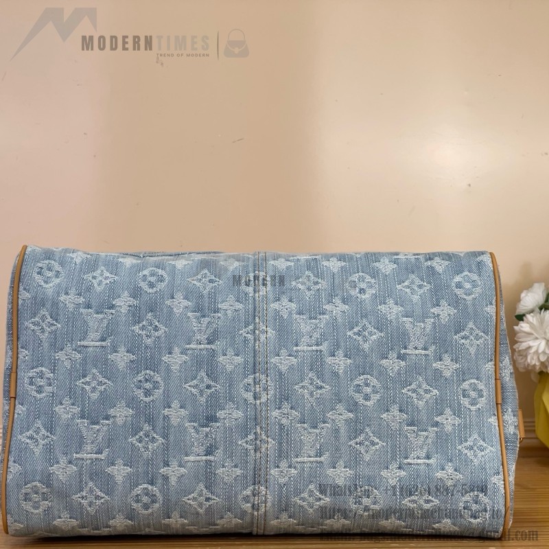 Louis Vuitton-style Speedy Bandoulière 30 M2A209 blue Monogram denim bag with leather trim heart tag and V-stitch pocket