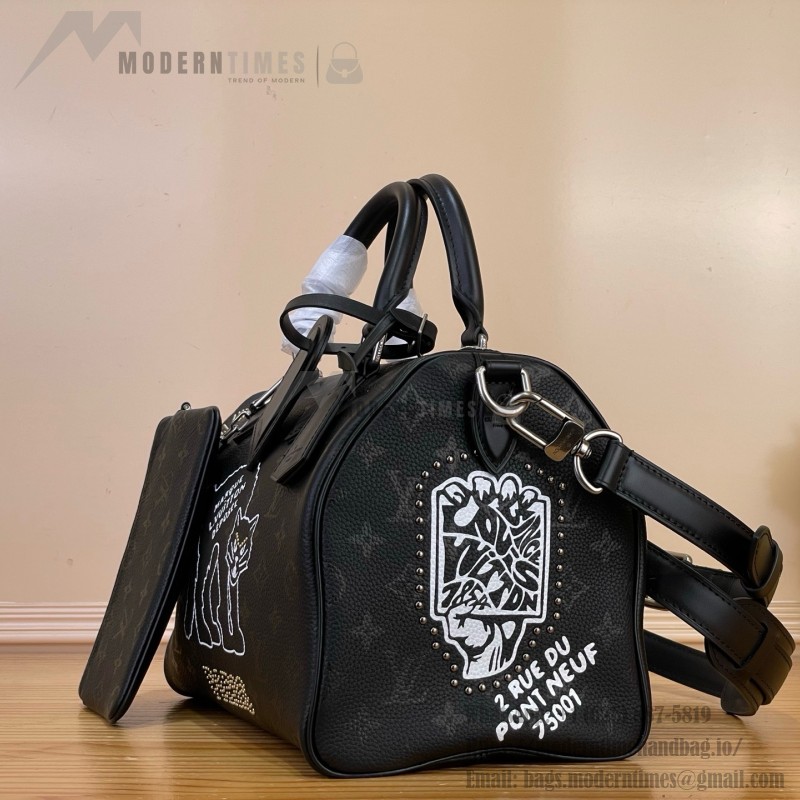 Louis Vuitton-style Speedy P9 Bandoulière 30 M26177 black and red Monogram leather bag with removable strap
