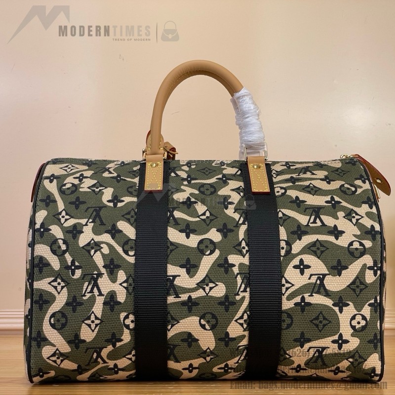 Louis Vuitton-style Keepall Bandoulière 35 M95773 and Keepall 55 M95774 vintage camouflage travel bags