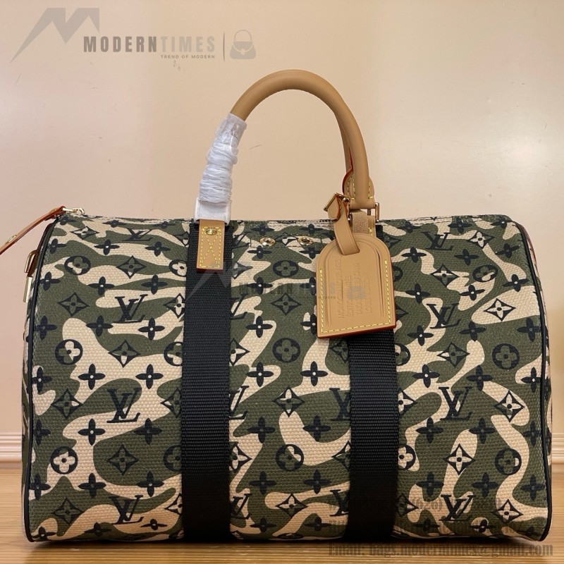 Louis Vuitton-style Keepall Bandoulière 35 M95773 and Keepall 55 M95774 vintage camouflage travel bags
