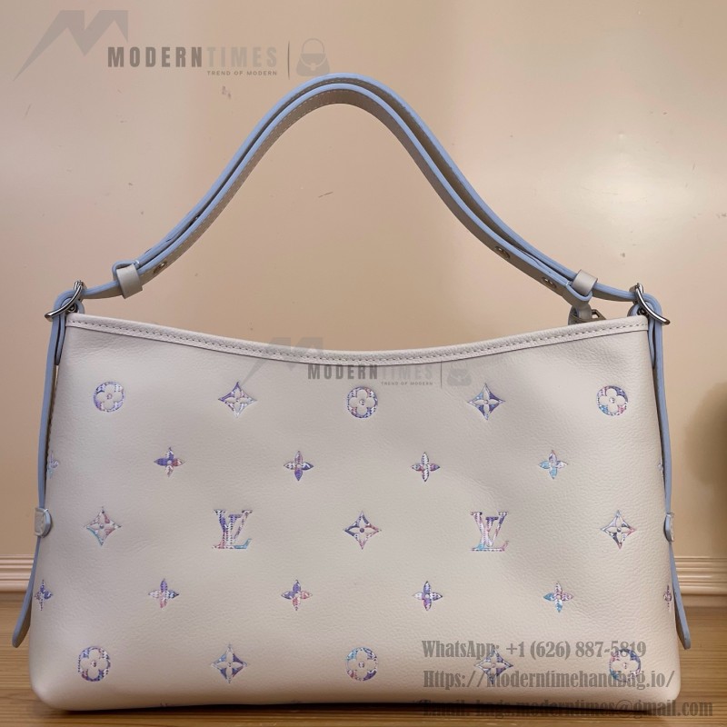 Louis Vuitton-style CarryAll East-West M2A369 white Monogram Empreinte XL bag with purple gradient interior