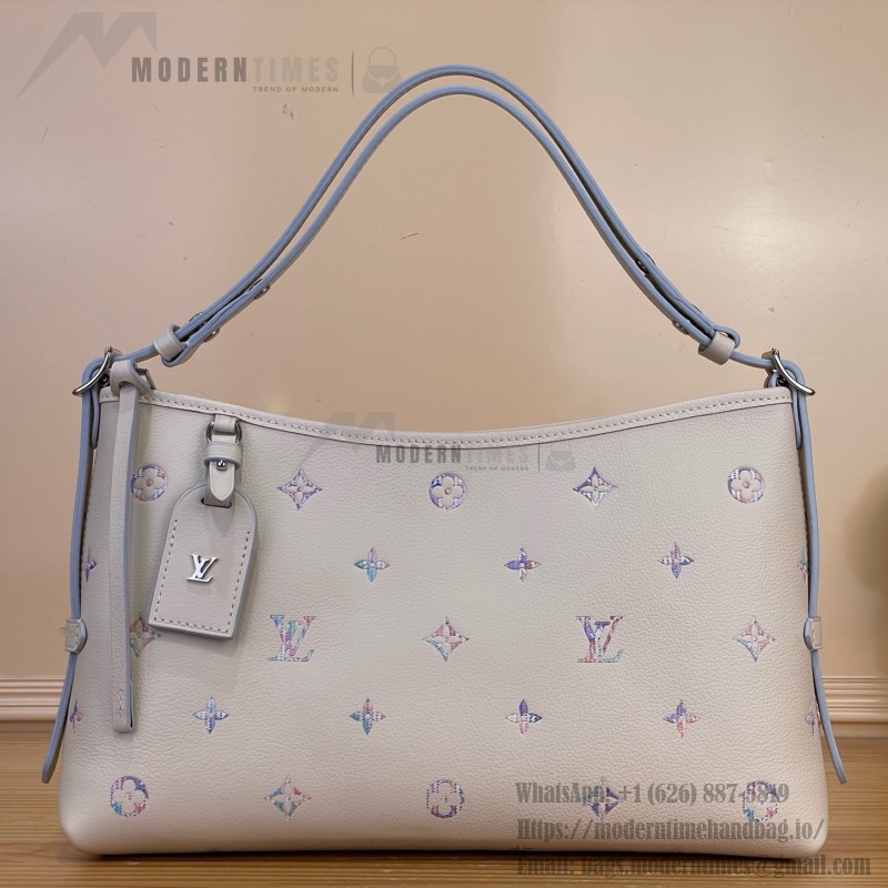 Louis Vuitton-style CarryAll East-West M2A369 white Monogram Empreinte XL bag with purple gradient interior