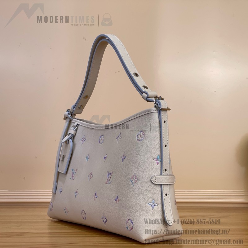 Louis Vuitton-style CarryAll East-West M2A369 white Monogram Empreinte XL bag with purple gradient interior