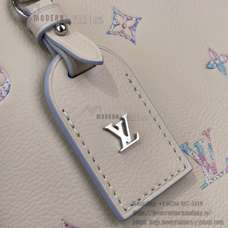 Louis Vuitton-style CarryAll East-West M2A369 white Monogram Empreinte XL bag with purple gradient interior