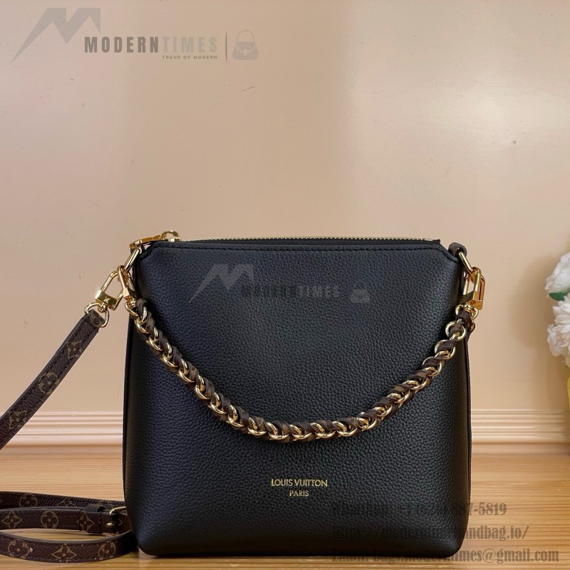 Louis Vuitton-style Multipass Mini XL M2A840 black cowhide leather crossbody bag with Monogram-style trim and detachable chain