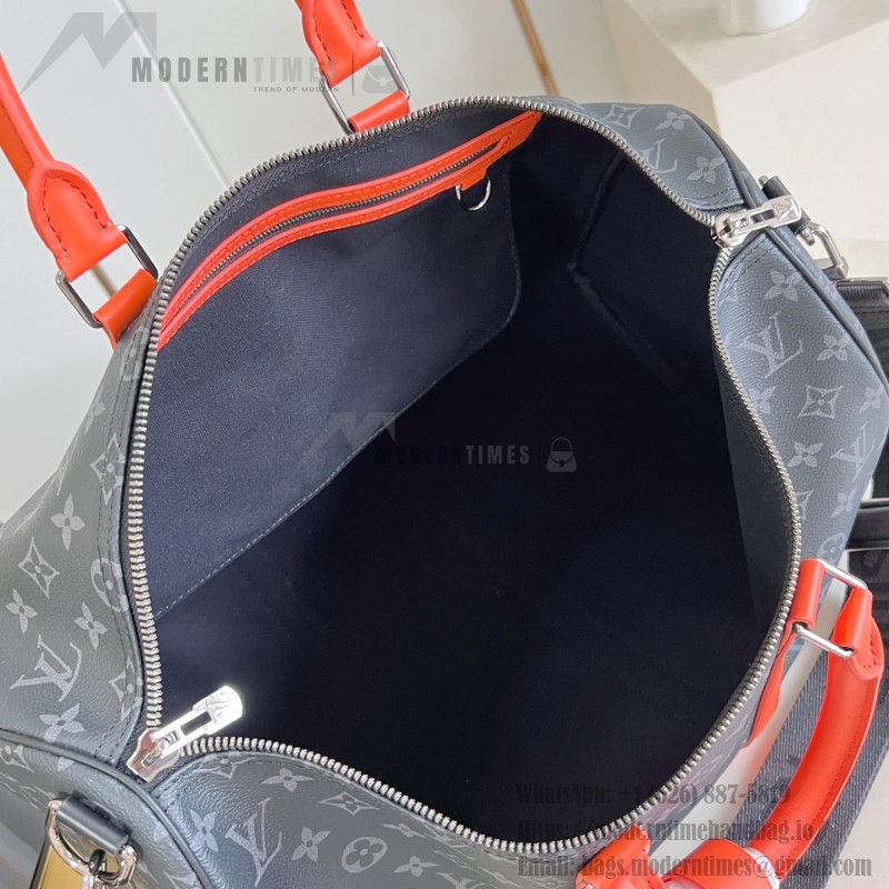 Louis Vuitton Keepall Bandoulière M15251 Monogram Eclipse with Orange Leather Replica Travel Bag