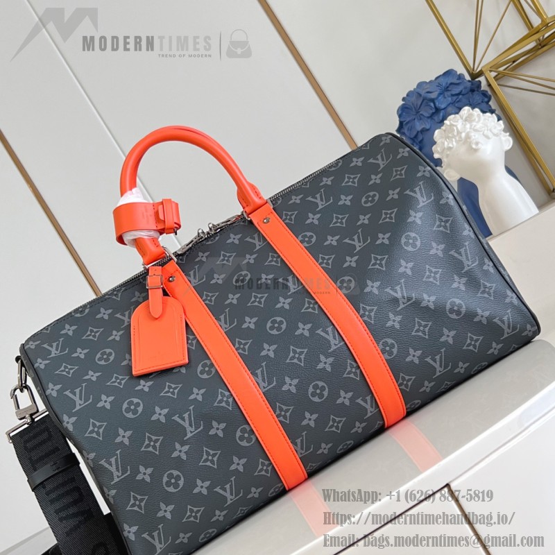 Louis Vuitton Keepall Bandoulière M15251 Monogram Eclipse with Orange Leather Replica Travel Bag