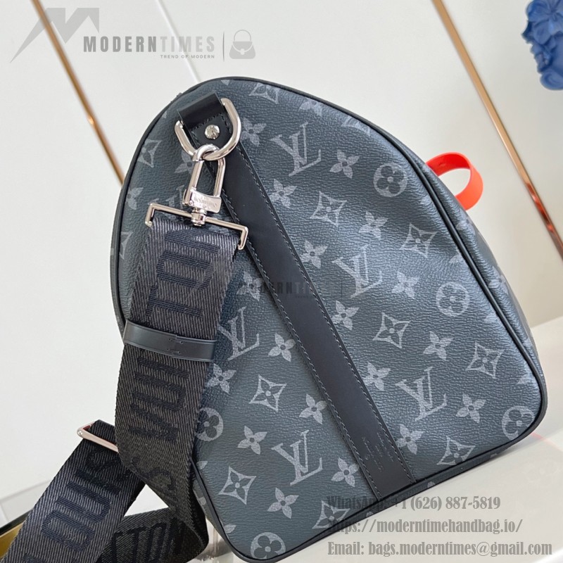 Louis Vuitton Keepall Bandoulière M15251 Monogram Eclipse with Orange Leather Replica Travel Bag