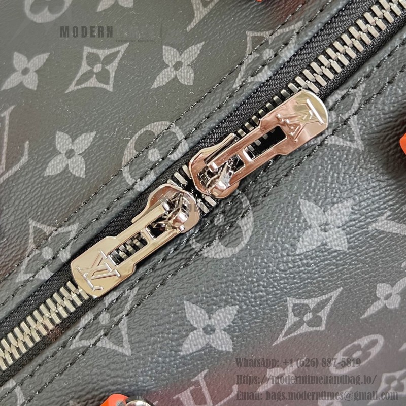 Louis Vuitton Keepall Bandoulière M15251 Monogram Eclipse with Orange Leather Replica Travel Bag