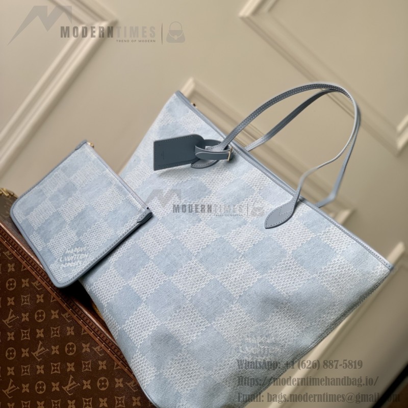 Louis Vuitton Nevereverfull Tote Bag N00198 in Damier Denim 3D Cotton Canvas with Leather Trims