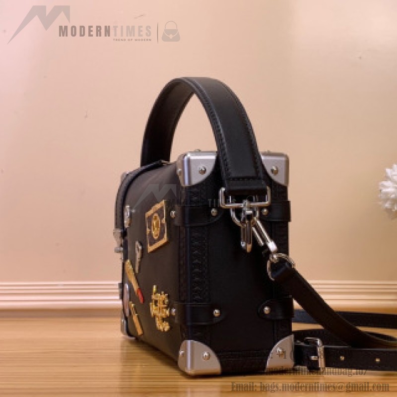 Louis Vuitton Side Trunk Medium Handbag M25568 in Black Leather with LV Stickers Design