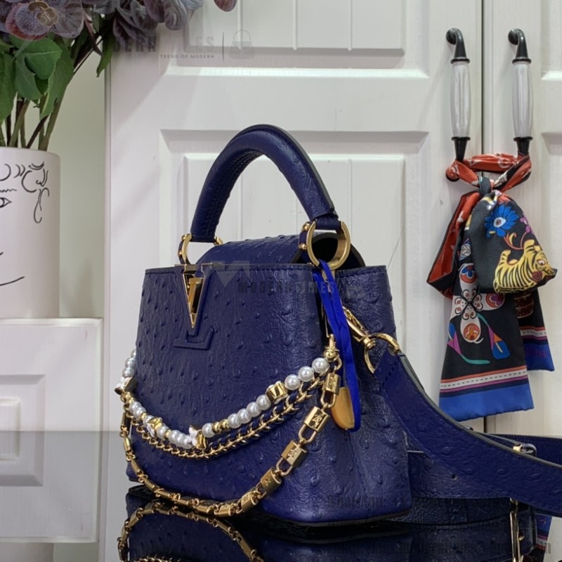 Louis Vuitton Capucines M11908 Mini & BB Handbag in Ostrich-Embossed Leather with Pearl Chain