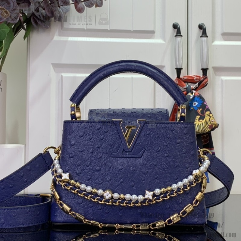 Louis Vuitton Capucines M11908 Mini & BB Handbag in Ostrich-Embossed Leather with Pearl Chain