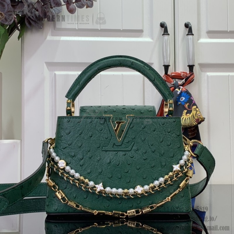 Louis Vuitton Capucines M11908 Mini & BB Handbag in Ostrich-Embossed Leather with Pearl Chain