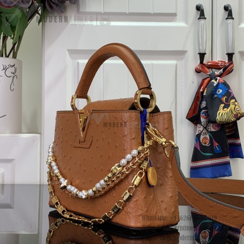 Louis Vuitton Capucines M11908 Mini & BB Handbag in Ostrich-Embossed Leather with Pearl Chain