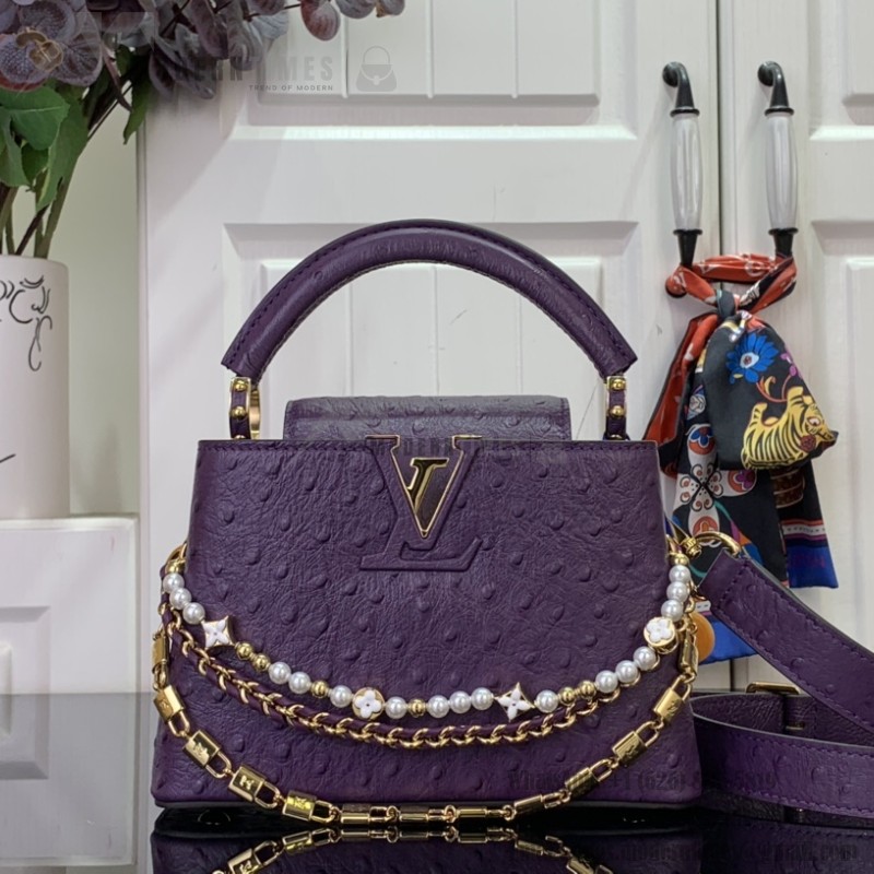 Louis Vuitton Capucines M11908 Mini & BB Handbag in Ostrich-Embossed Leather with Pearl Chain