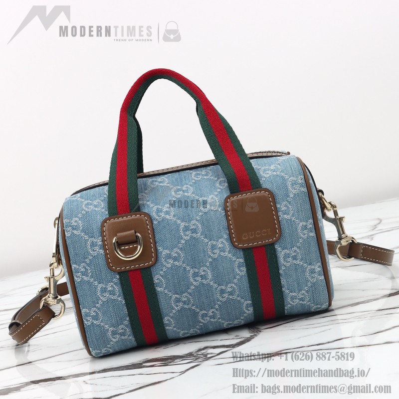 Gucci 859975 Blue Denim and Brown Leather Handbag